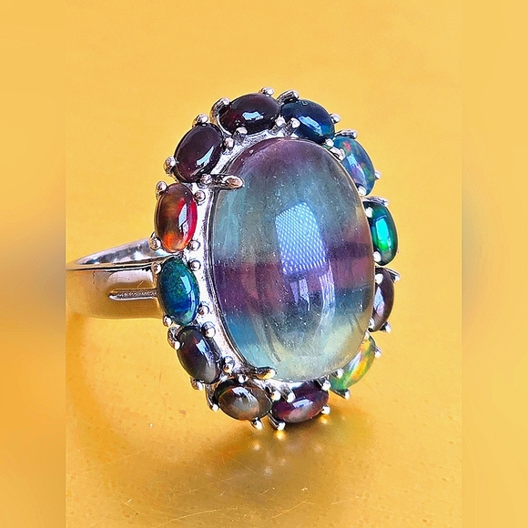 Natural Fluorite & Black Opal 925 Sterling Silver Ring Sz 7.25 - Picture 13 of 14